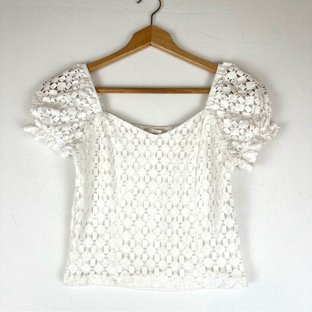 Monteau White Smocked Eyelet Lace Crop Top
